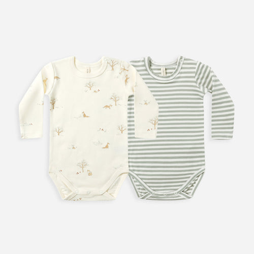 Two baby bodysuits on a white background, one with a floral pattern and the other with a striped pattern.