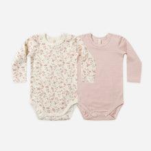 Load image into Gallery viewer, Two baby bodysuits, one floral and one striped, on a white background