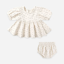 Load image into Gallery viewer, Baby girl&#39;s outfit with top and bloomers on a light gray background