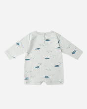 Load image into Gallery viewer, Baby romper with blue whale pattern on a white background