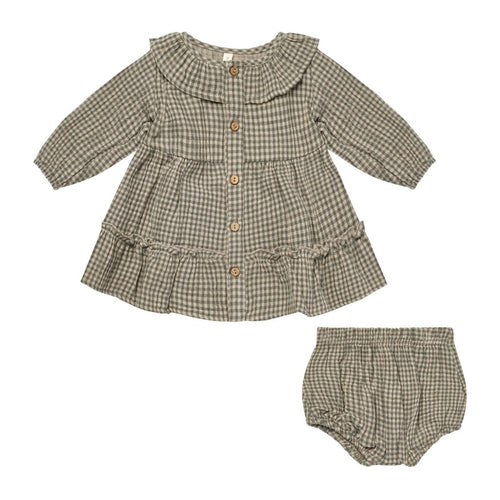 Ruffle Collar Button Dress || Forest Micro Plaid