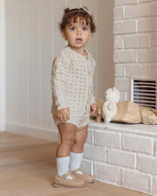Load image into Gallery viewer, Natural Quincy Mae scalloped cardigan with long sleeves and button closure, displayed flat on a white background.