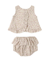 Load image into Gallery viewer, Natural-colored ruffled tulip top and bloomer set for babies by Quincy Mae, featuring soft fabric and charming design.