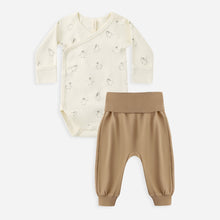 Load image into Gallery viewer, Baby outfit set with cream onesie and beige pants on a white background