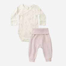 Load image into Gallery viewer, Baby outfit set with cream onesie and pink pants on a white background