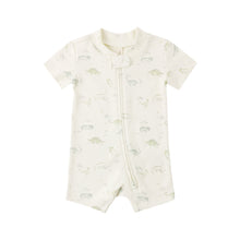 Load image into Gallery viewer, Ivory Quincy Mae Zip Short Sleeve Sleeper Dinosaur sleepsuit for babies with a playful dinosaur design.