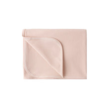 Load image into Gallery viewer, Quincy Mae swaddle blanket in soft melon micro stripe bedding with gentle, cozy fabric perfect for newborns.