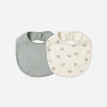 將圖片載入圖庫檢視器 Two baby bibs, one gray and one white with a pattern, on a white background