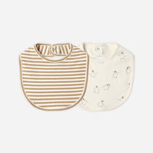 Load image into Gallery viewer, Two baby bibs, one striped and one with a pattern, on a white background