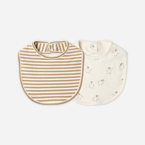 Two baby bibs, one striped and one with a pattern, on a white background