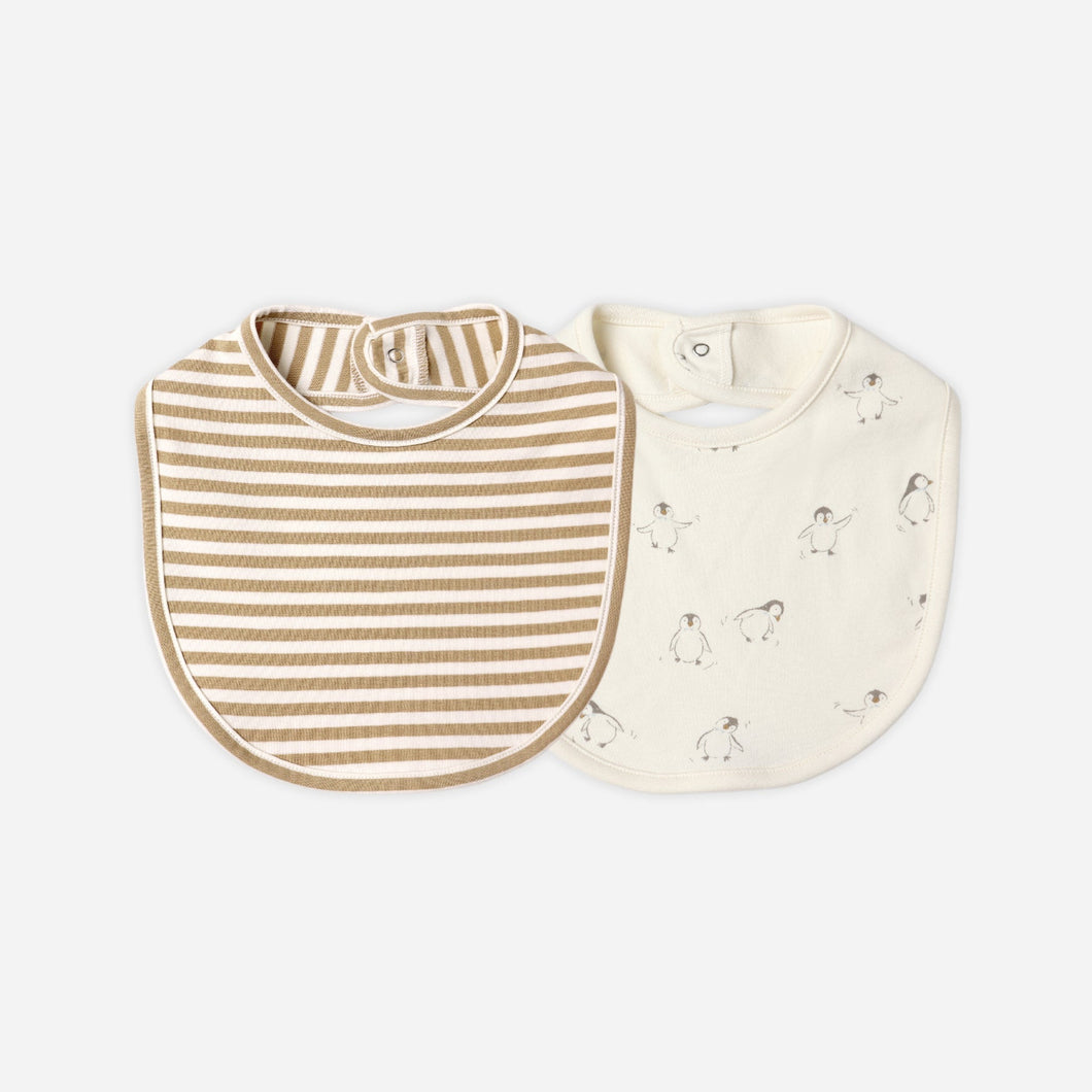 Two baby bibs, one striped and one with a pattern, on a white background