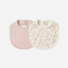 將圖片載入圖庫檢視器 Two baby bibs, one pink with stripes and one floral pattern, on a white background.