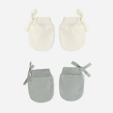 Load image into Gallery viewer, Set of two pairs of baby mittens, one cream and one gray, on a white background.