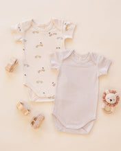 Load image into Gallery viewer, Quincy Mae short sleeve bodysuit pack in race car and oat micro stripe, featuring playful patterns and comfortable fabric for babies.