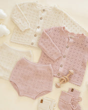 Load image into Gallery viewer, Blush scalloped cardigan by Quincy Mae, showing the soft fabric and detailed scalloped edges of the stylish jacket on a hanger.