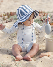 Load image into Gallery viewer, Rylee+Cru navy stripe floppy swim hat with wide brim and breathable fabric, perfect for sun protection at the beach or pool.