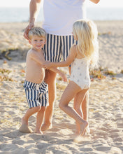 Load image into Gallery viewer, Baby and toddler navy stripe boardshorts by Rylee+Cru, featuring comfortable swimwear with a stylish striped design.