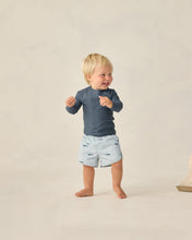 Load image into Gallery viewer, Baby and toddler navy long sleeve rashguard by Rylee+Cru, featuring sun protection and comfortable swimwear for water activities.