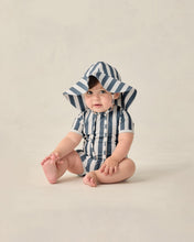 Load image into Gallery viewer, Navy striped floppy swim hat by Rylee+Cru, featuring wide brim and soft fabric for sun protection and stylish beachwear.