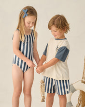 Load image into Gallery viewer, Baby and toddler navy stripe boardshorts by Rylee+Cru, featuring comfortable swimwear design with a colorful striped pattern.