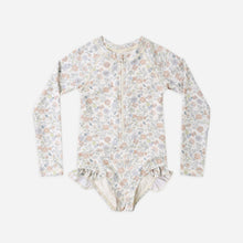 Load image into Gallery viewer, Floral patterned baby onesie on a white background