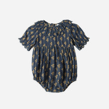 Load image into Gallery viewer, Blue baby romper with puff sleeves on a white background