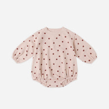 Load image into Gallery viewer, Pink baby romper with red polka dots on a white background