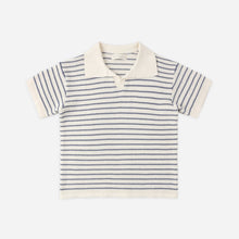 Load image into Gallery viewer, Rylee+Cru Chandler Knit Polo in Marine Stripe, ivory top with knit fabric and classic polo style, featuring a collar and short sleeves.