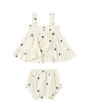 Load image into Gallery viewer, Baby outfit set with polka dot top and bloomers on a white background