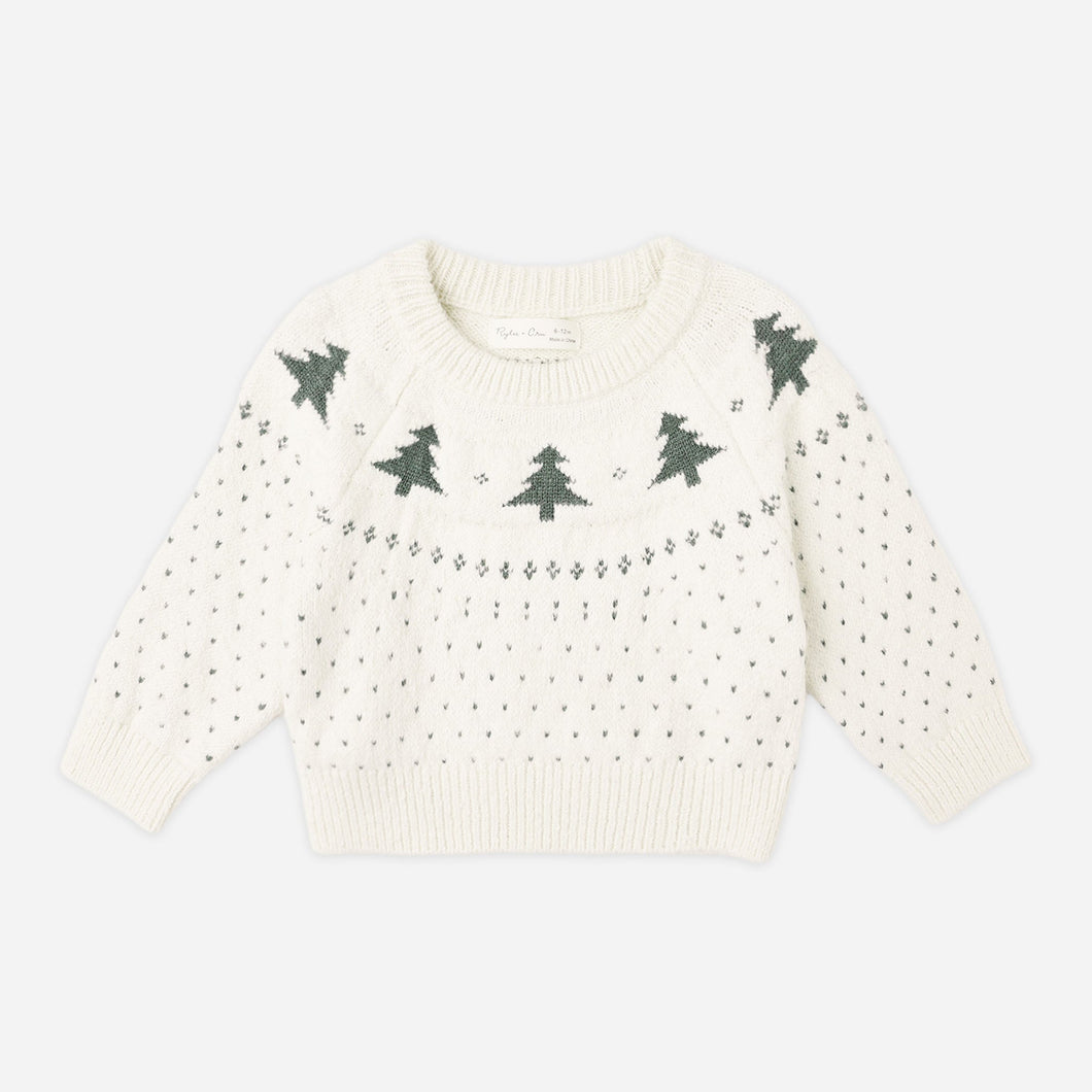 White sweater with green tree patterns on a white background