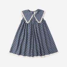 Load image into Gallery viewer, Rylee+Cru Porter Dress Ditsy in Marine featuring a lightweight fabric and floral pattern, displayed on a hanger.
