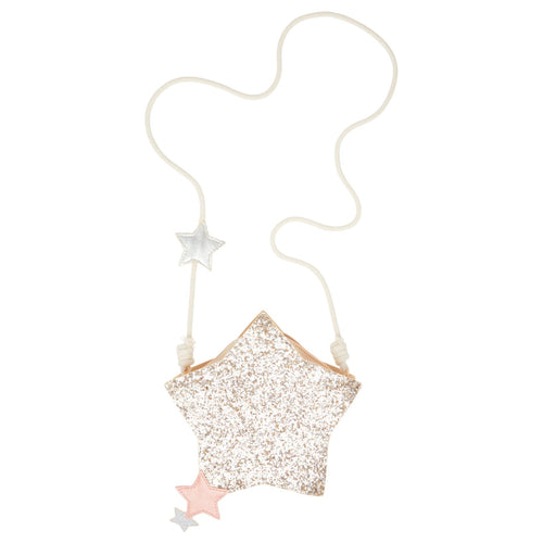 Star-shaped glittery bag with a strap on a white background