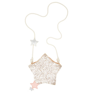 Star-shaped glittery bag with a strap on a white background