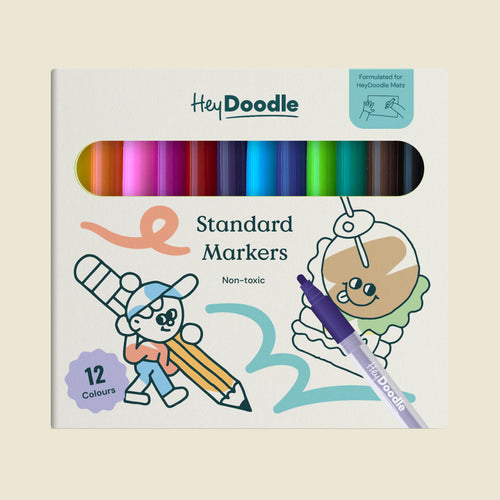 Pack of Hey Doodle standard markers with colorful design on a beige background