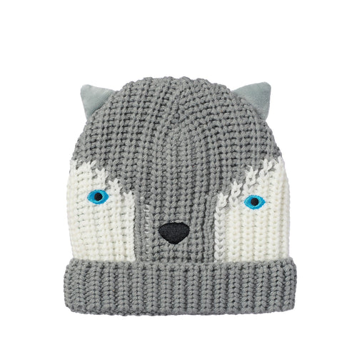 Gray knit hat with wolf face design on a white background