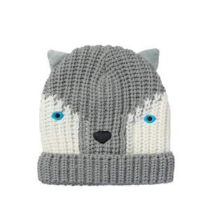 Gray knit hat with wolf face design on a white background