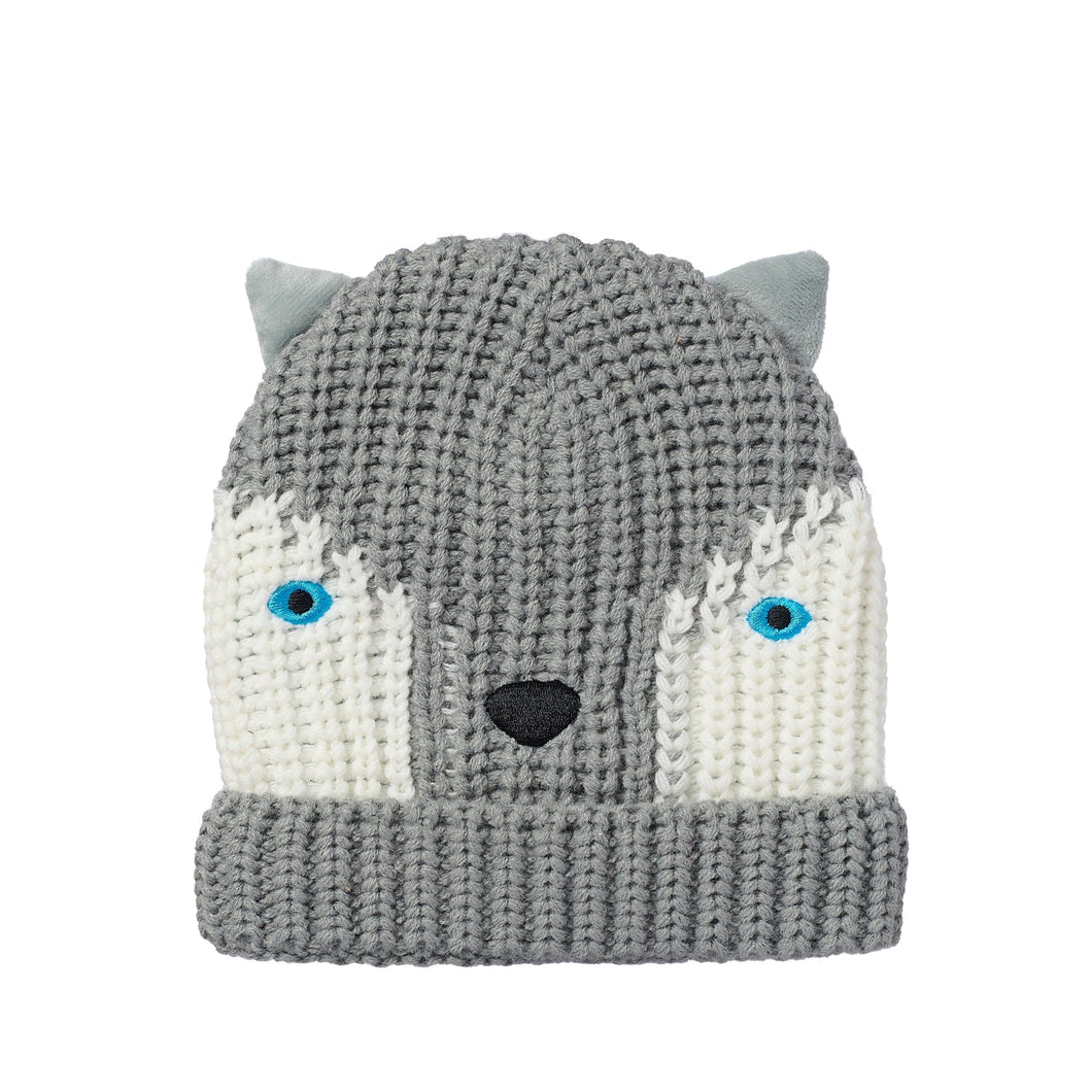 Gray knit hat with wolf face design on a white background