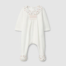 Load image into Gallery viewer, Velvet babygrow with ruffled collar and smocking