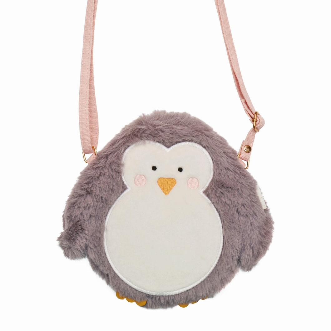 Fluffy penguin-shaped crossbody bag with a pink strap on a white background