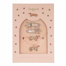 Load image into Gallery viewer, Set of sausage dog-themed jewelry including a necklace, bracelet, and hair clip in packaging with &#39;Rockahula Kids&#39; branding.