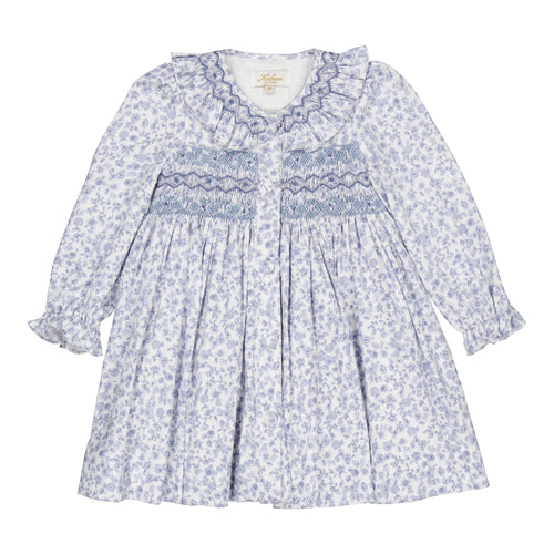 Adeline, smocked dress, in Blue garden print