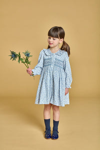 Adeline, smocked dress, in Blue garden print
