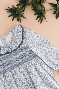 Anthéa, smocked girl romper, in Blue garden print