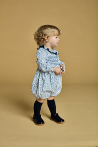 Anthéa, smocked girl romper, in Blue garden print