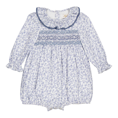 Anthéa, smocked girl romper, in Blue garden print