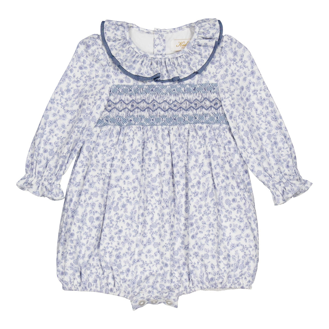 Anthéa, smocked girl romper, in Blue garden print