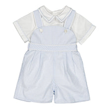Load image into Gallery viewer, Baby boy in sky blue gingham Kidiwi baby one-piece set featuring Basile and Firmin characters, soft and comfortable for infants.