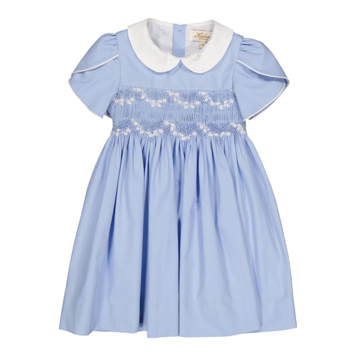 Clémence, smocked dress, in Cornflower poplin