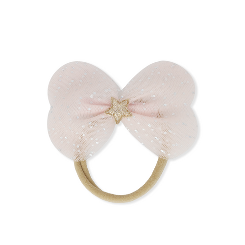 Pink bow-shaped hair accessory with a star detail on a white background