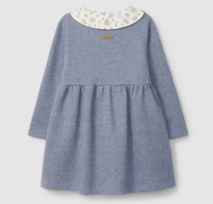 Blue checkered dress with floral collar on a light gray background